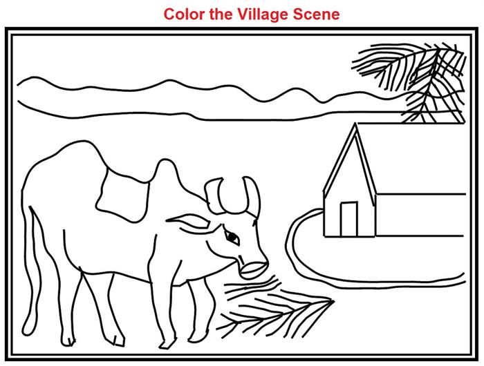Village scene coloring printable page for kids