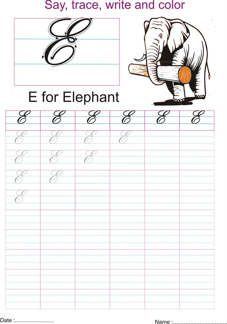 Cursive captial letter 'E' worksheet