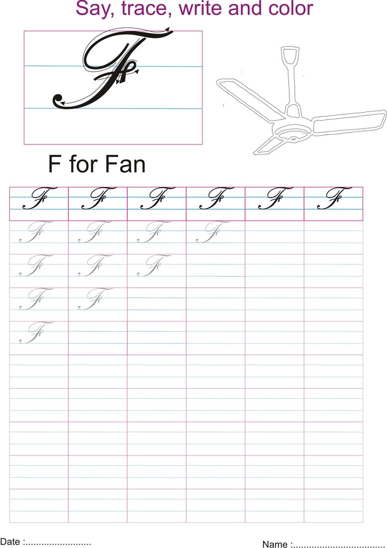 Cursive captial letter 'F' worksheet