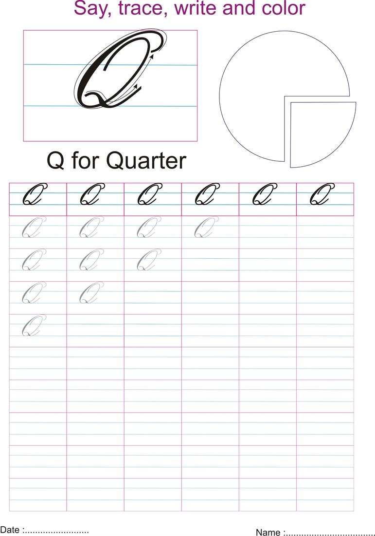 Cursive captial letter 'Q' worksheet