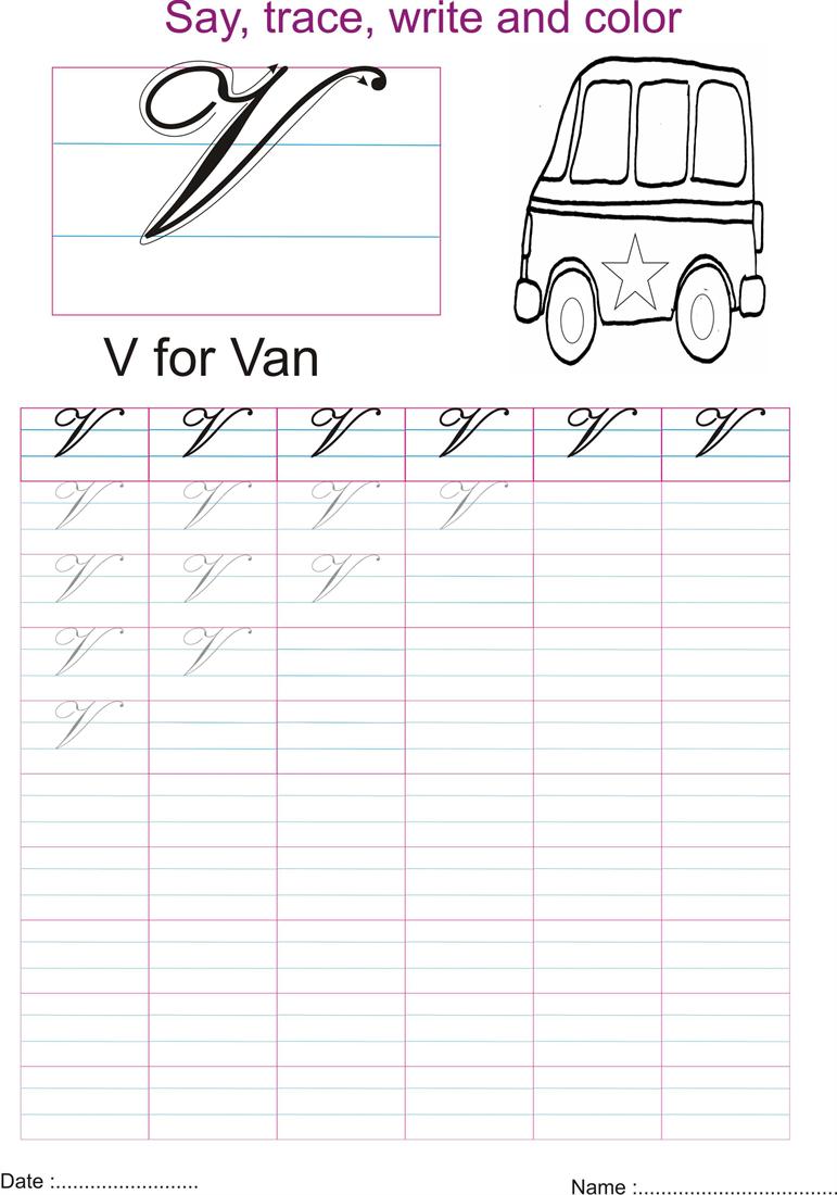 Cursive captial letter 'V' worksheet