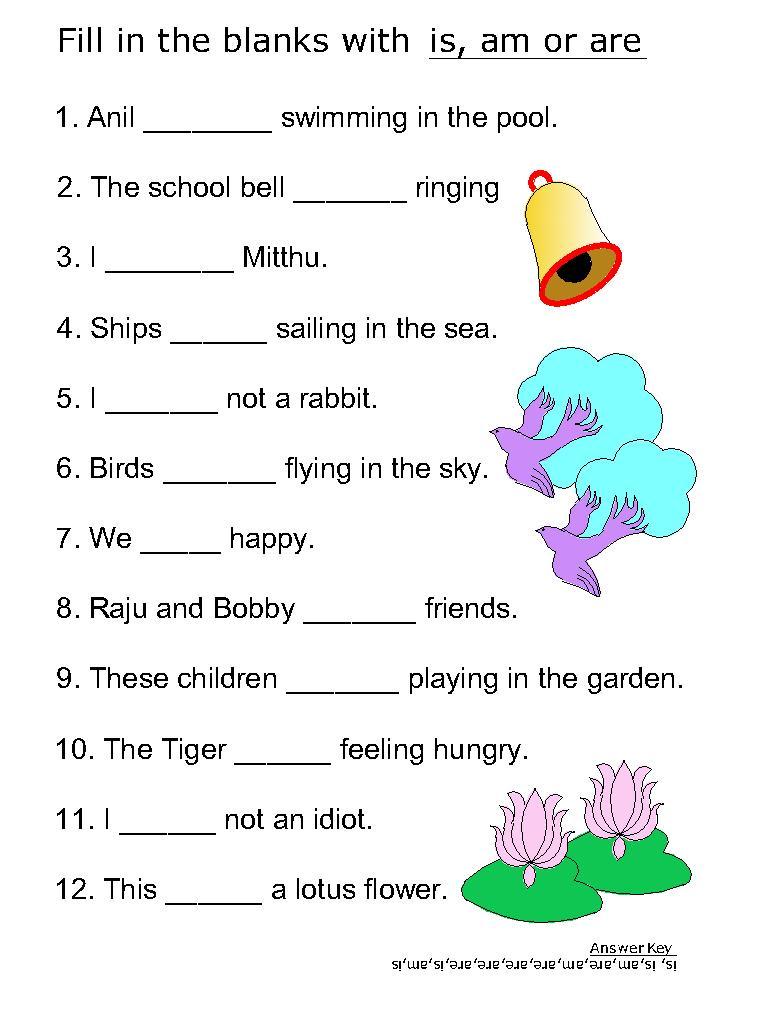 Helping verb worksheets for Is, Am, Are