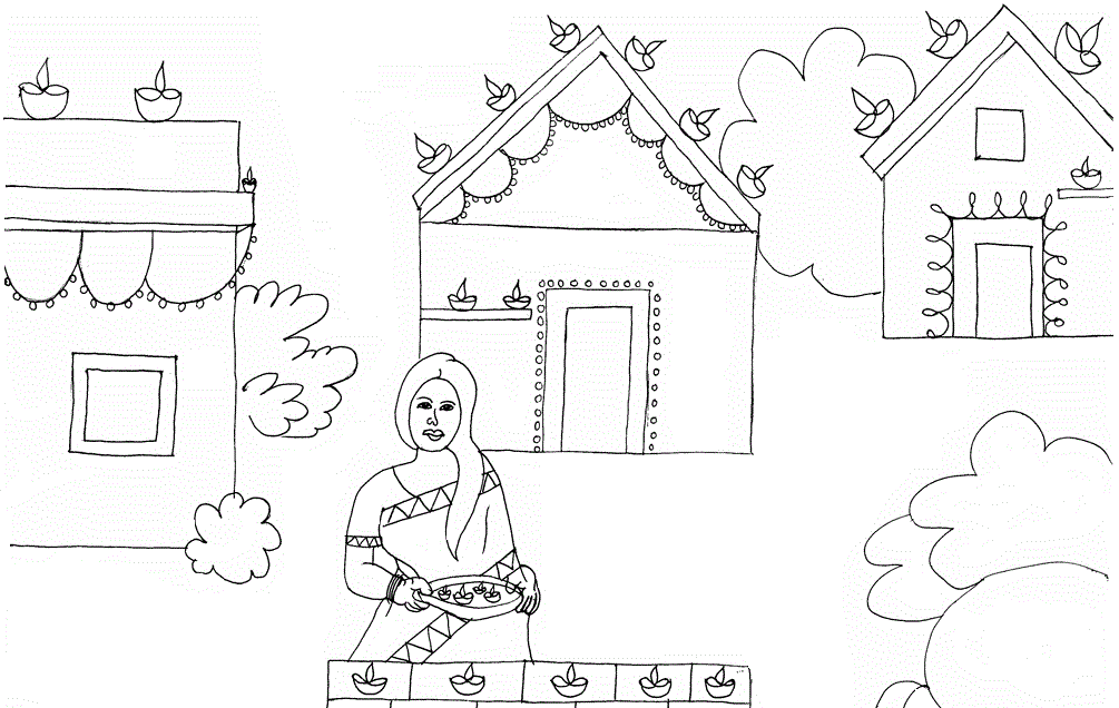 Diwali scenery coloring printable