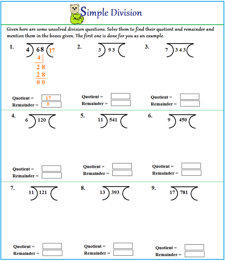 Worksheet on Division without Remainder