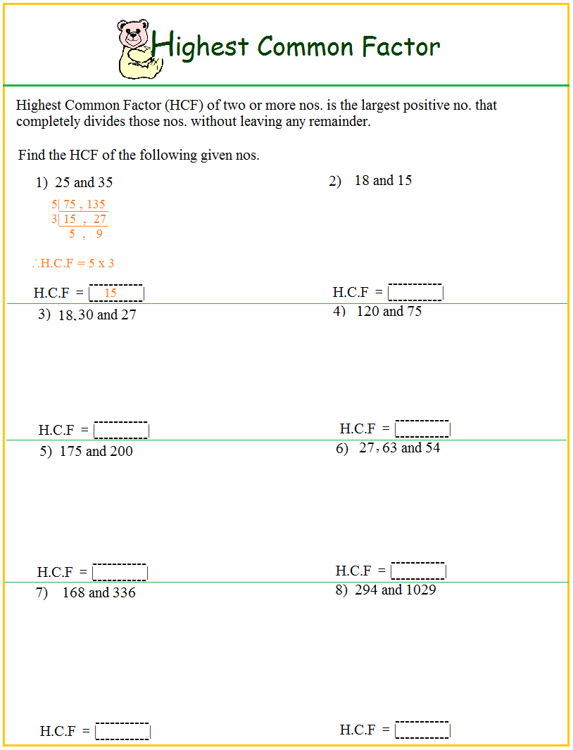 Worksheet On HCF