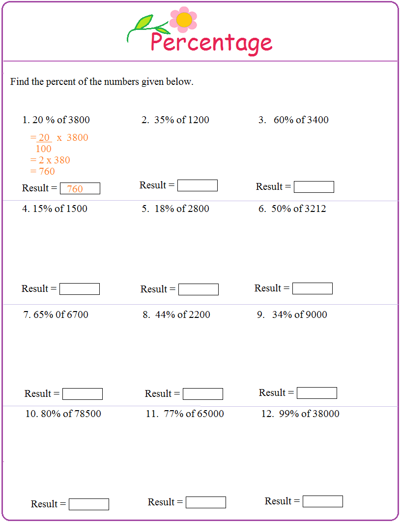 Percentage math problems worksheets