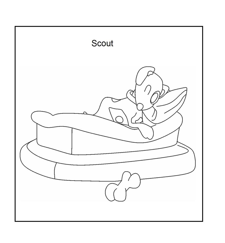 Scout sleeping coloring printable page for kids