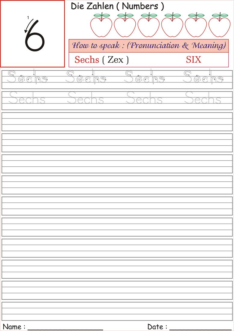 German Number Worksheet for practice - Sechs