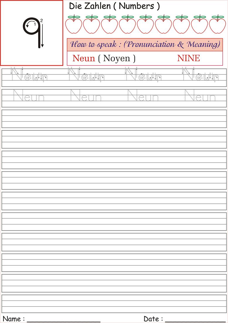 German Number Worksheet for practice - Neun