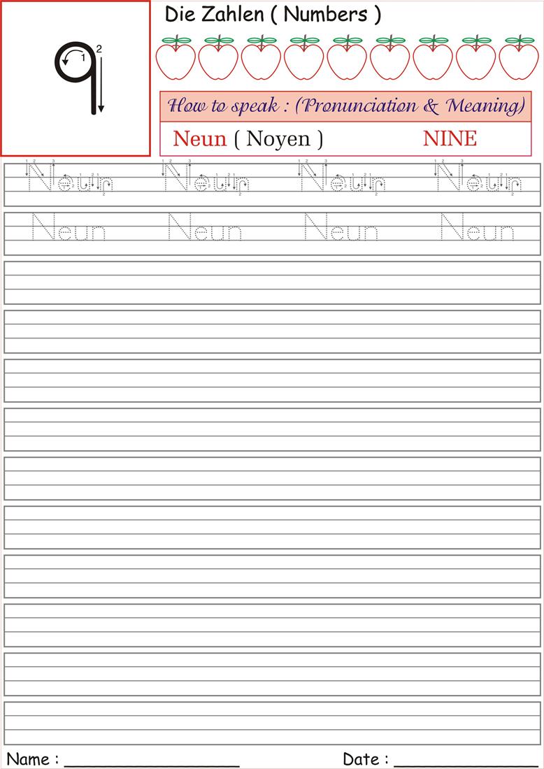 worksheet Number Writing Practice german number worksheet for practice neun