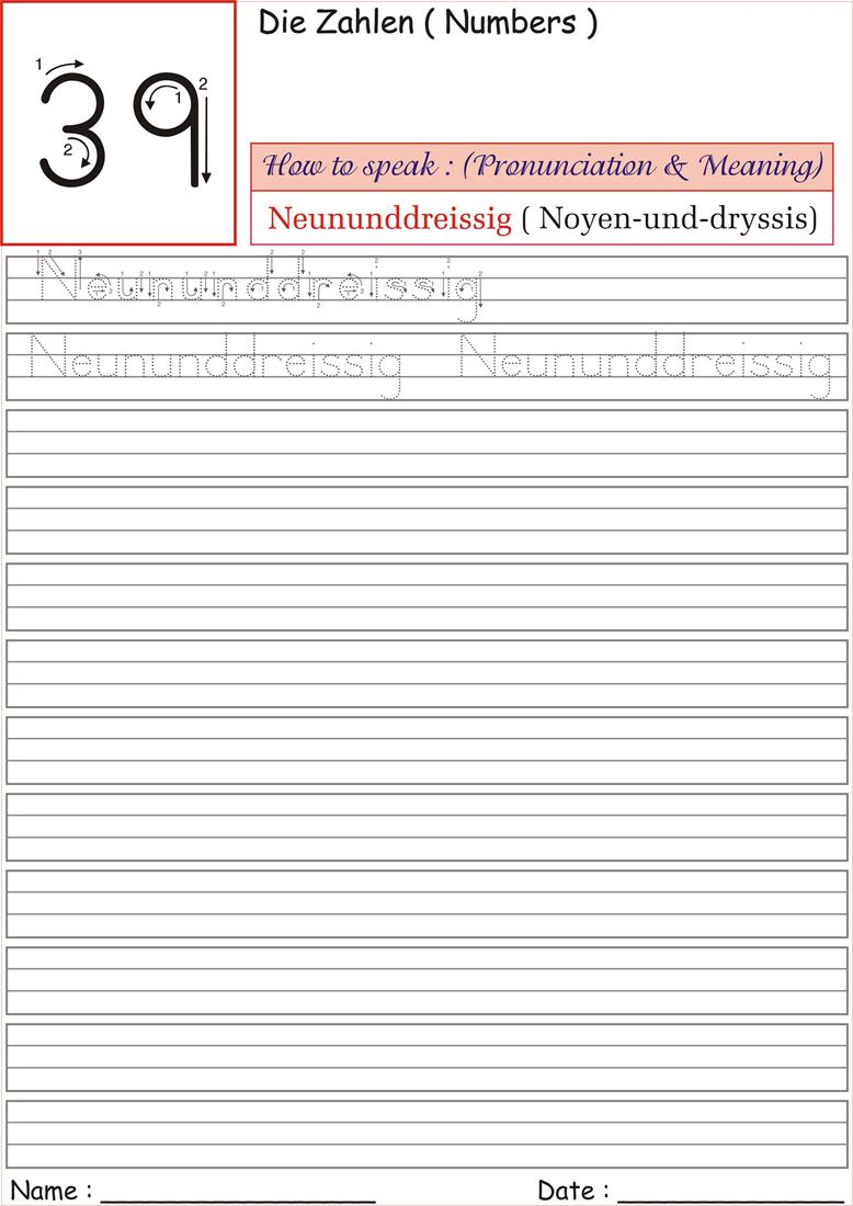 German Number Worksheet for practice - Neununddreissig