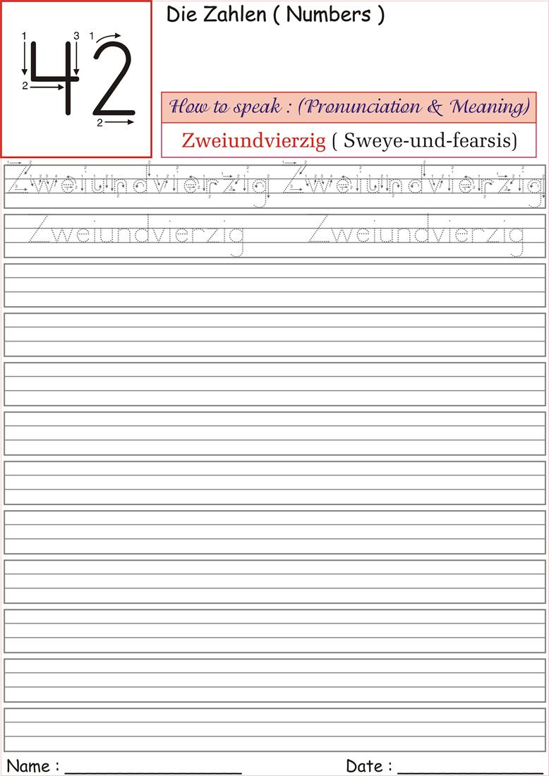 German Number Worksheet for practice - Zweiundvierzig