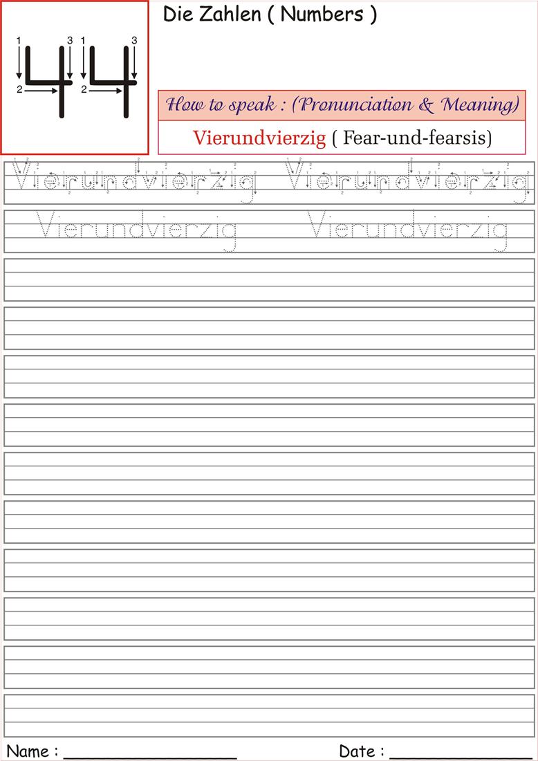 German Number Worksheet for practice - Vierundvierzig