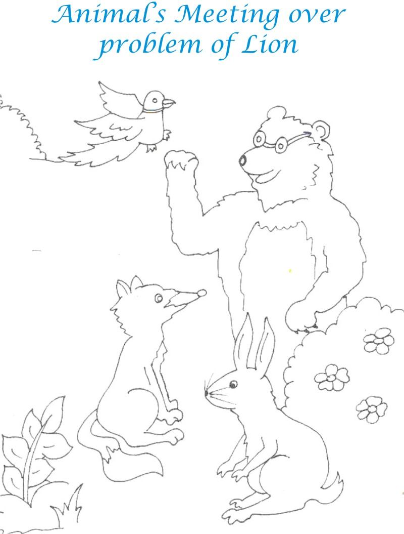 Animals meeting in jungle coloring printable page for kids