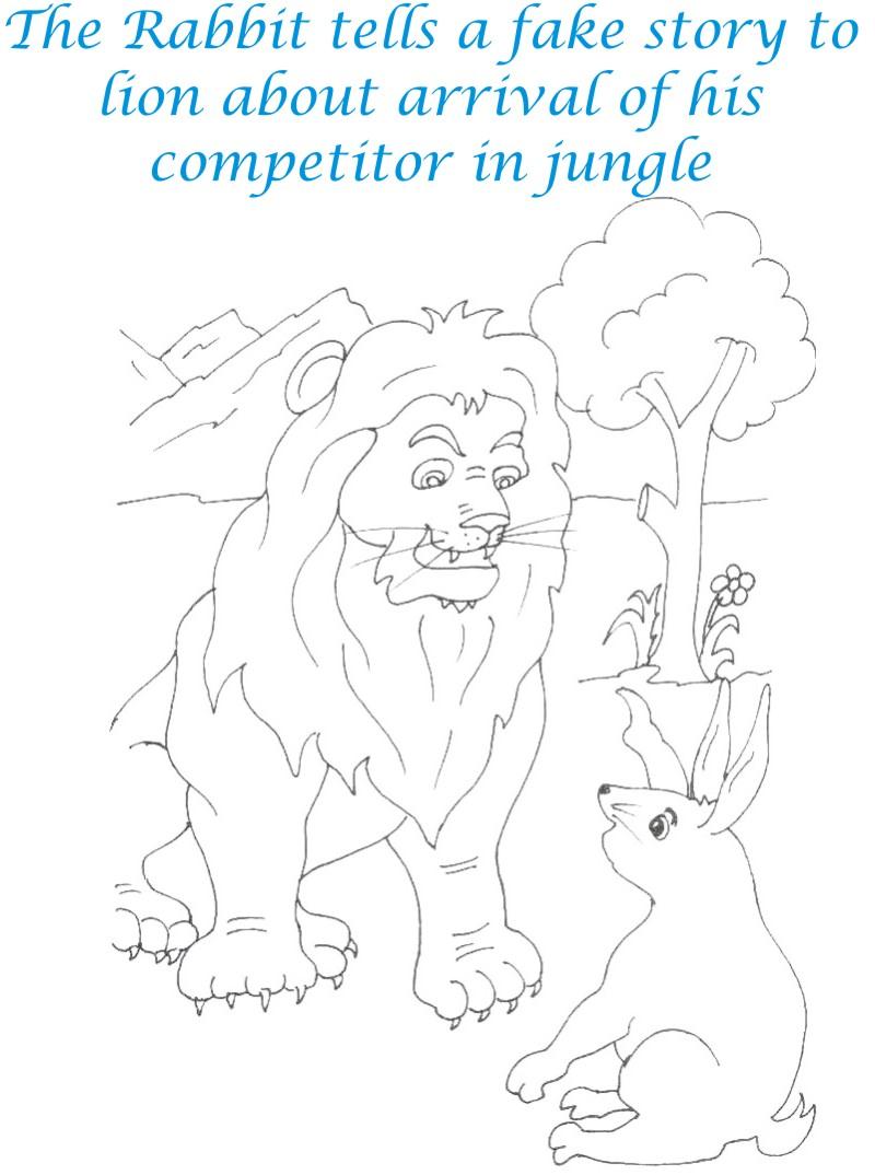 Rabbit telling a story to lion coloring page for kids