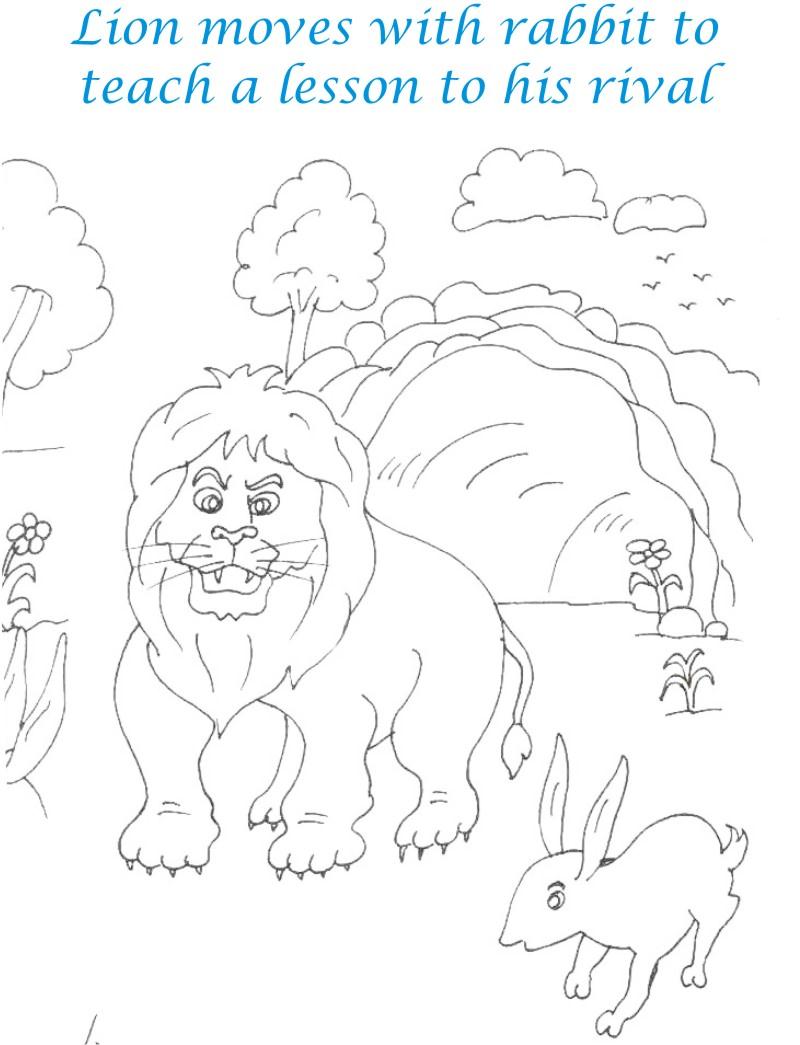 Lion and rabbit walk coloring page for kids