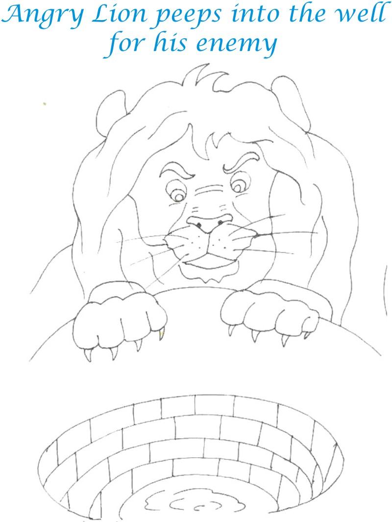 Lion peeps into the well coloring page for kids