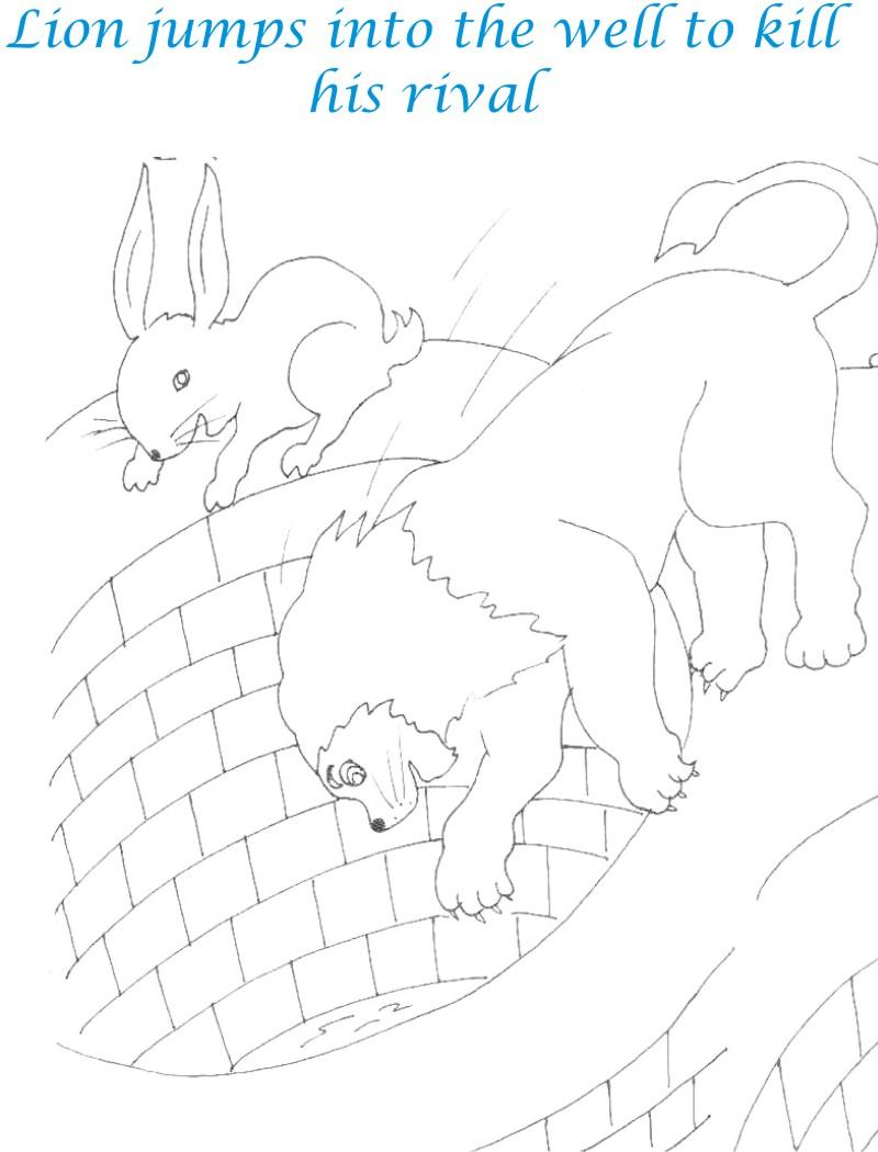 Lion jumps into well coloring page for kids