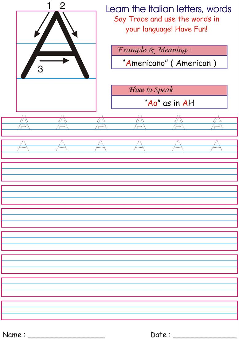 Worksheets Italian Worksheets italian letters worksheets for kids aa