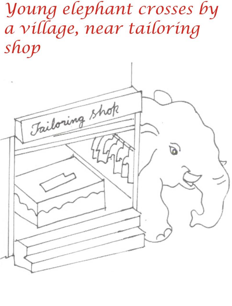 Elephant passing by village coloring page