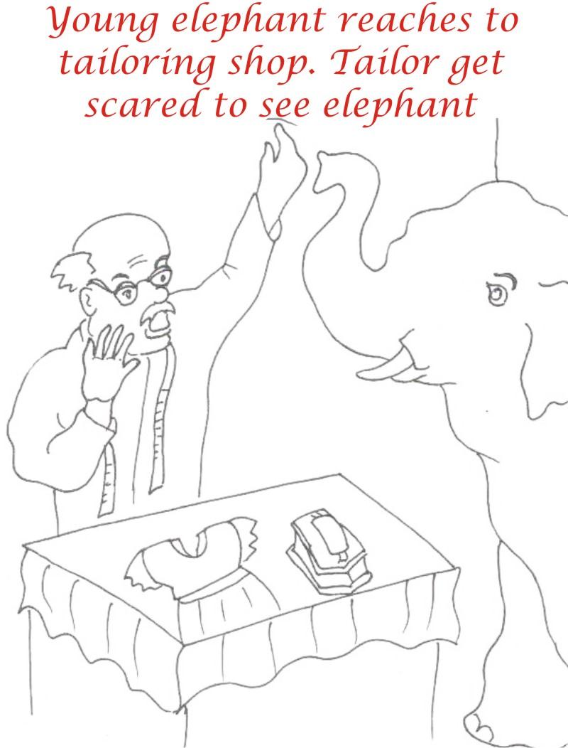 Elephant near shop coloring page for kids