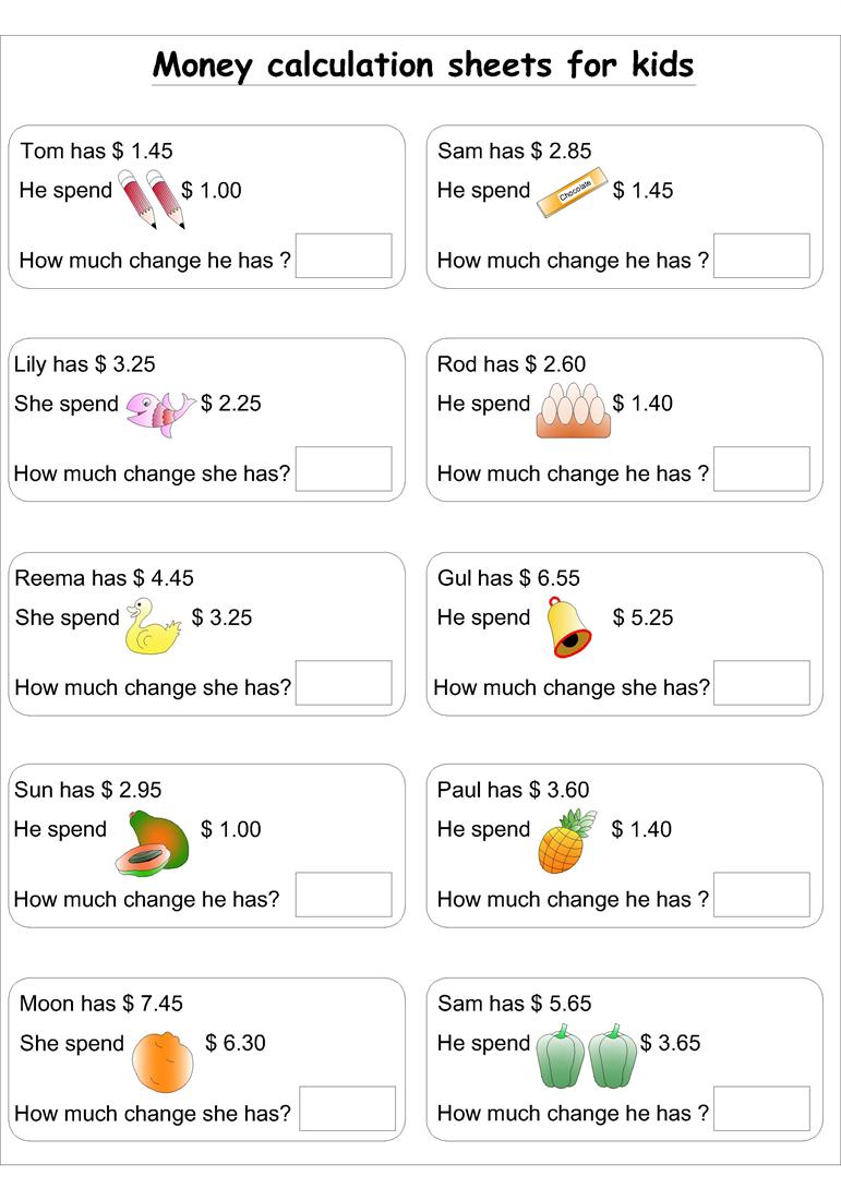 Money calculation worksheet 1
