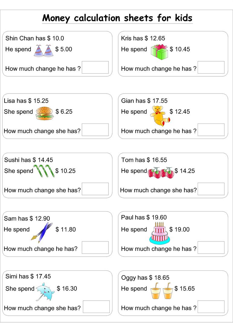 Money calculation worksheet 2