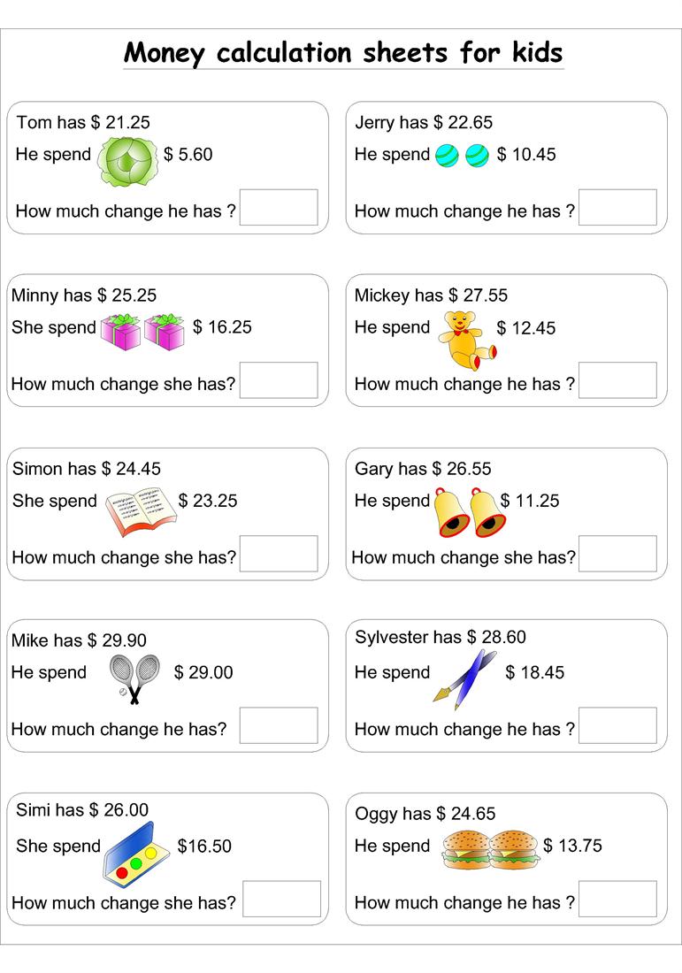 Money calculation worksheet 3