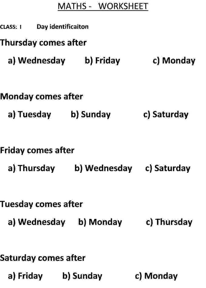 Identify the day - Class I Maths Worksheet