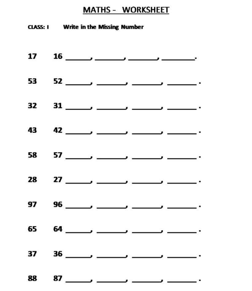 Missing Number - Fill in the blanks - Class 1 Maths Worksheet