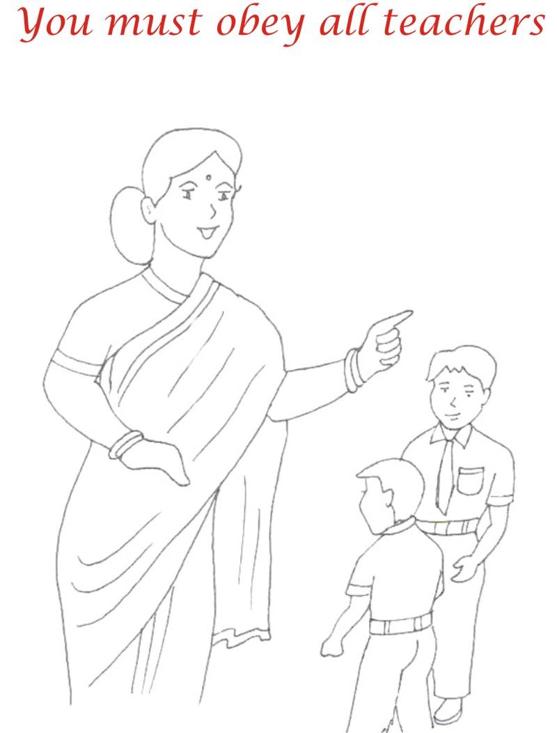 Obeying teacher coloring printable page for kids