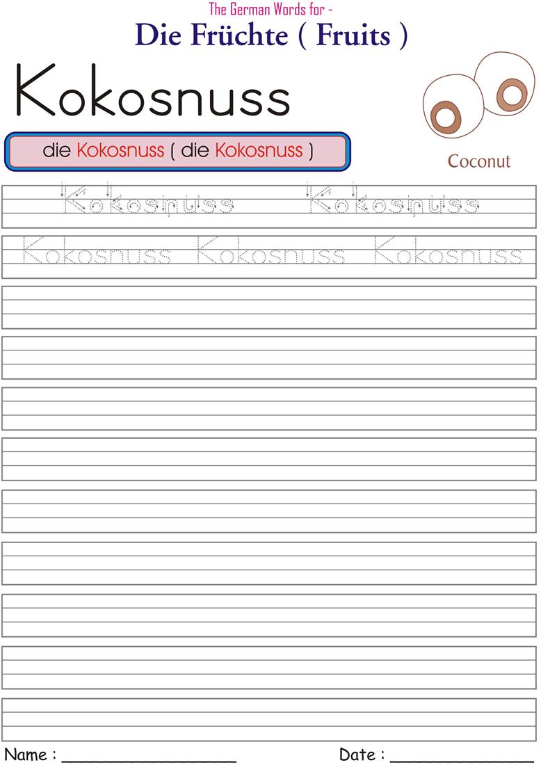 Printables German For Beginners Worksheets printables learning german worksheets safarmediapps for fruits names kokosnuss