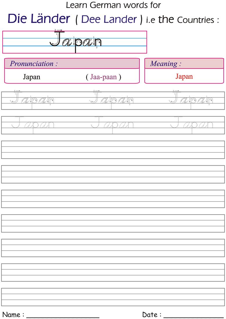 German word for country "Japan" - worksheet for practice