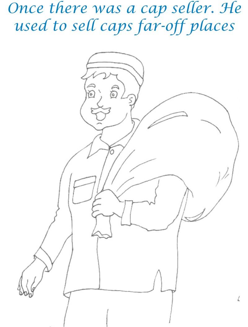 Cap seller story coloring page for kids 1