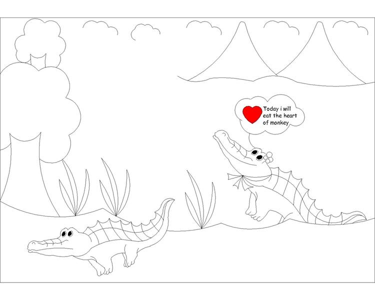 The Monkey and the Crocodile story coloring page 3