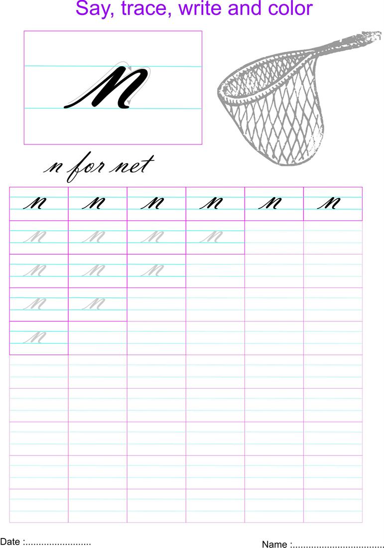 Cursive small letter 'n' worksheet