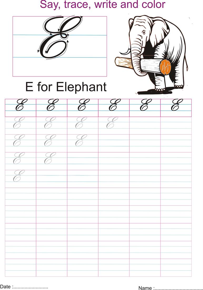 cursive captial letter e worksheet